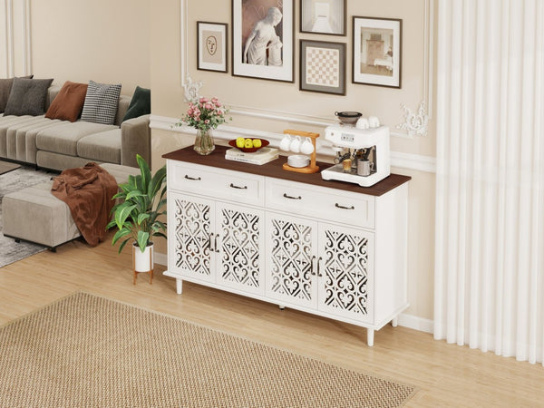 English Elm Vintage Farmhouse Sideboard with Hand-carved Doors Two-tone Distressed Wood Finish W688P360028