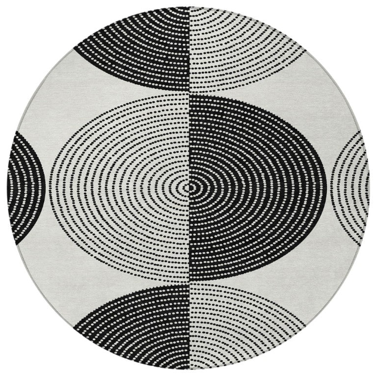 8 Foot Round Geometric Polyester Area Rug Washable Indoor Outdoor Ivory Black