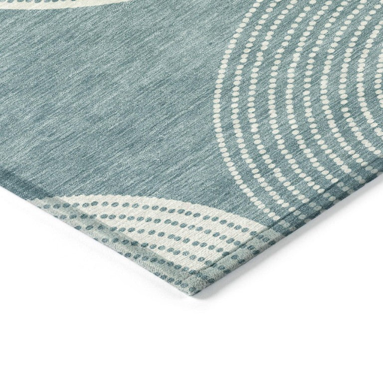 HomeRoots 8x10 Geometric Teal Ivory Polyester Area Rug Washable for Patio or Living Room 641635