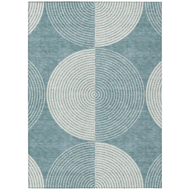 HomeRoots 9 X 12 Teal Ivory Geometric Polyester Washable Area Rug for Indoor Outdoor Living 641636