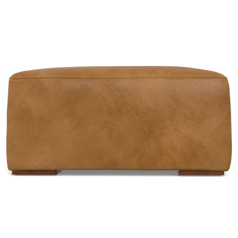 HomeRoots 34 Inch Round Leather Storage Ottoman Footrest for Living Room Sienna Tufted 641642