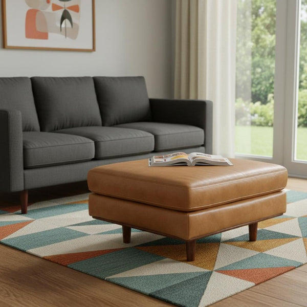 33 Inch Genuine Leather Cocktail Ottoman Stylish Living Room Accent Footrest