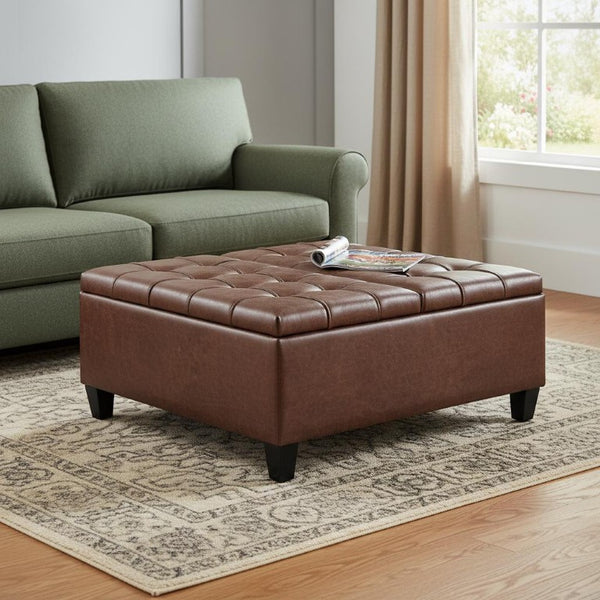 36 Inch Tufted Faux Leather Storage Ottoman Espresso Umber Living Room Accent