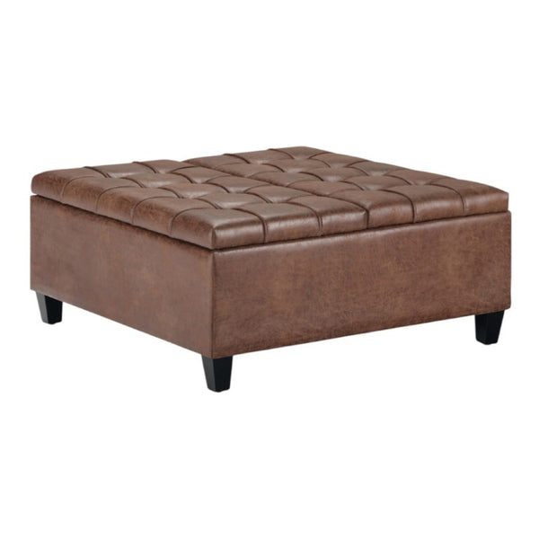 36 Inch Tufted Faux Leather Storage Ottoman Espresso Umber Living Room Accent