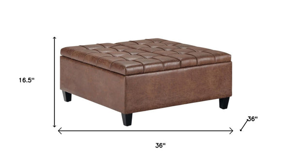 36 Inch Tufted Faux Leather Storage Ottoman Espresso Umber Living Room Accent