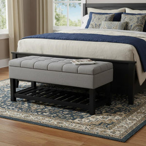 43 Inch Faux Linen Flip Top Storage Bench with Open Shelves and Tufted Seat