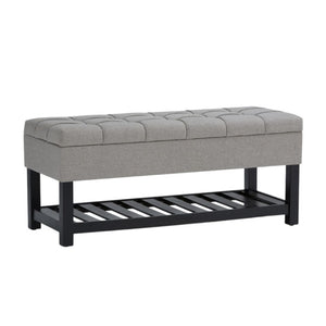HomeRoots 43 Inch Faux Linen Flip Top Storage Bench with Open Shelves and Tufted Seat 641651