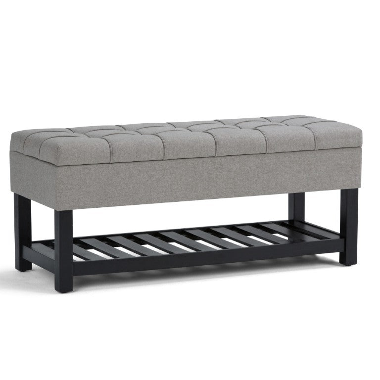 HomeRoots 43 Inch Faux Linen Flip Top Storage Bench with Open Shelves and Tufted Seat 641651