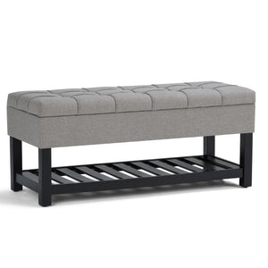 43 Inch Faux Linen Flip Top Storage Bench with Open Shelves and Tufted Seat