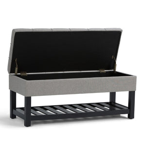 43 Inch Faux Linen Flip Top Storage Bench with Open Shelves and Tufted Seat