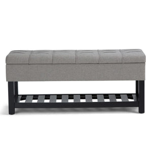 43 Inch Faux Linen Flip Top Storage Bench with Open Shelves and Tufted Seat