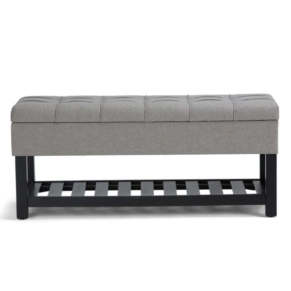 43 Inch Faux Linen Flip Top Storage Bench with Open Shelves and Tufted Seat