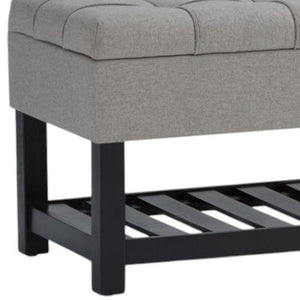 43 Inch Faux Linen Flip Top Storage Bench with Open Shelves and Tufted Seat