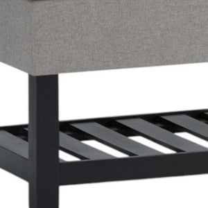 43 Inch Faux Linen Flip Top Storage Bench with Open Shelves and Tufted Seat