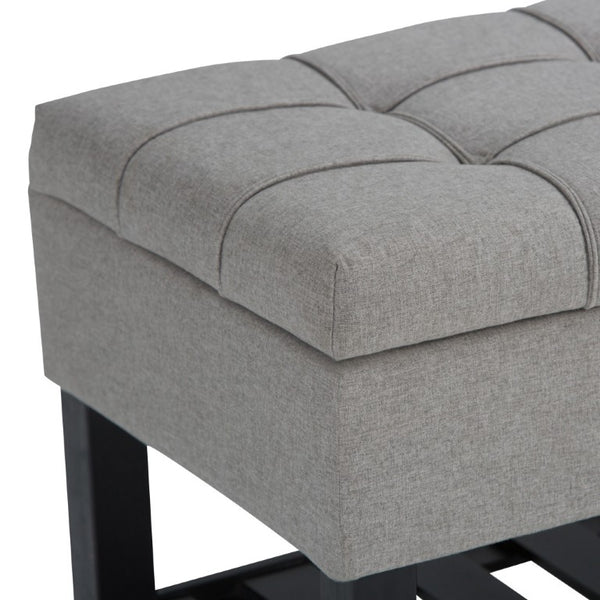 43 Inch Faux Linen Flip Top Storage Bench with Open Shelves and Tufted Seat