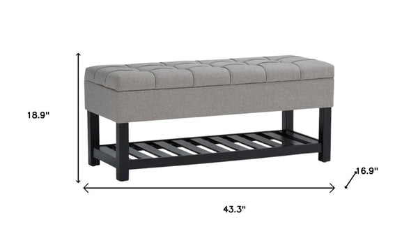 43 Inch Faux Linen Flip Top Storage Bench with Open Shelves and Tufted Seat