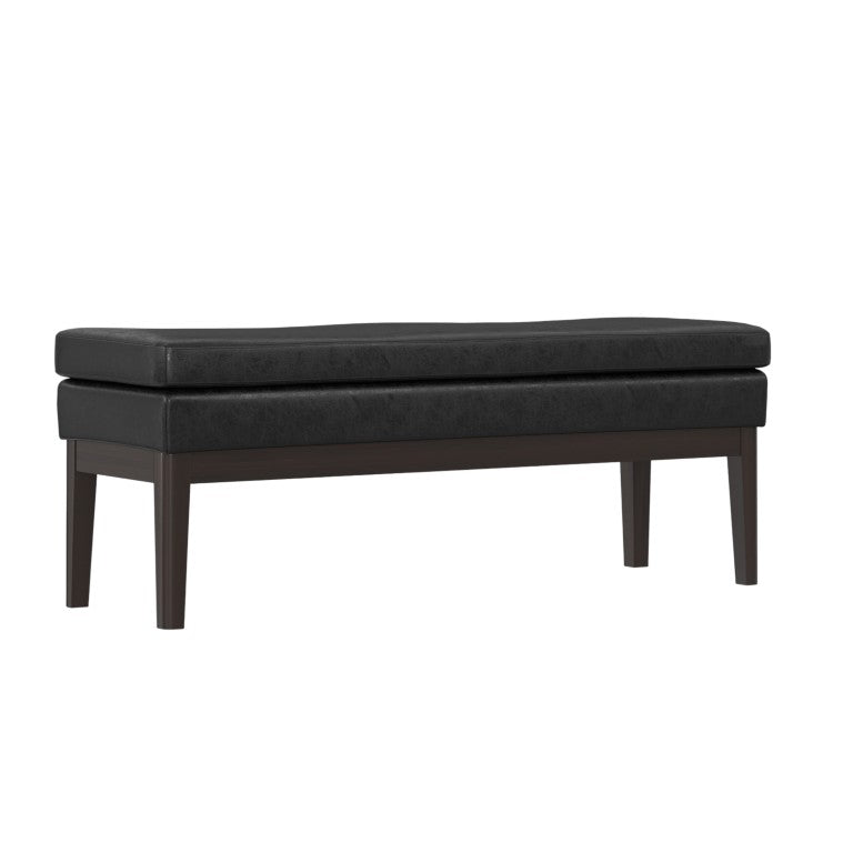 HomeRoots 45 Inch Distressed Faux Leather Solid Wood Entryway Bench in Black Walnut Finish 641653