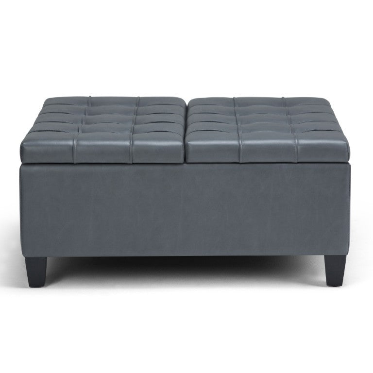 HomeRoots 36 Inch Tufted Faux Leather Storage Ottoman in Espresso with Stone Accent Trim 641656