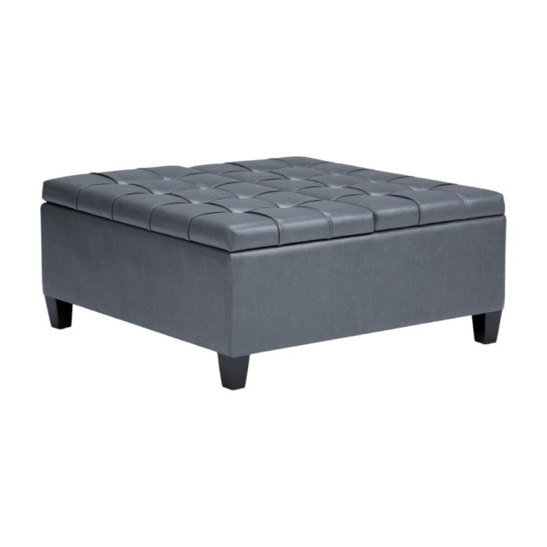 HomeRoots 36 Inch Tufted Faux Leather Storage Ottoman in Espresso with Stone Accent Trim 641656