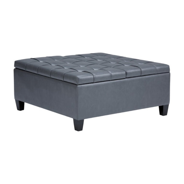 36 Inch Tufted Faux Leather Storage Ottoman in Espresso with Stone Accent Trim