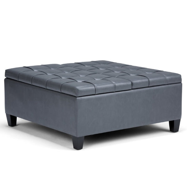 36 Inch Tufted Faux Leather Storage Ottoman in Espresso with Stone Accent Trim