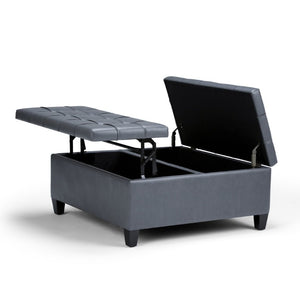 36 Inch Tufted Faux Leather Storage Ottoman in Espresso with Stone Accent Trim