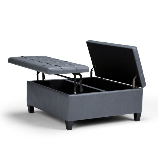 36 Inch Tufted Faux Leather Storage Ottoman in Espresso with Stone Accent Trim