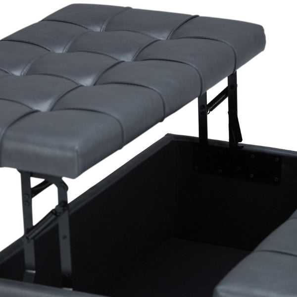 36 Inch Tufted Faux Leather Storage Ottoman in Espresso with Stone Accent Trim