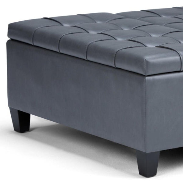 36 Inch Tufted Faux Leather Storage Ottoman in Espresso with Stone Accent Trim