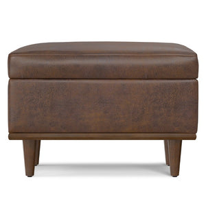 HomeRoots 26 Inch Faux Leather Storage Ottoman in Chestnut Walnut for Living Room Decor 641668