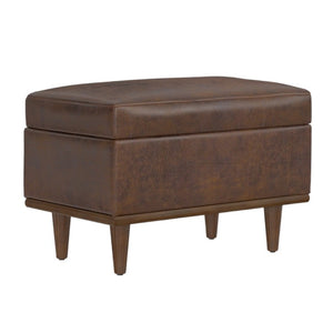 26 Inch Faux Leather Storage Ottoman in Chestnut Walnut for Living Room Decor