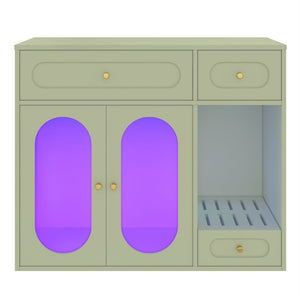 English Elm Cat Litter Box Cabinet with Led Lighting Acrylic Doors and Drawer Storage End Table Green N704P402444F