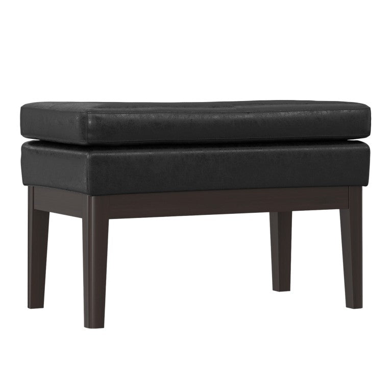 HomeRoots 26 Inch Round Faux Leather Ottoman Walnut Base Modern Accent Footrest for Living Room Black / Walnut 641686
