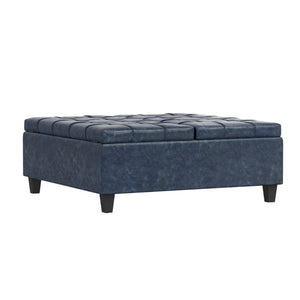 HomeRoots 40 Inch Tufted Faux Leather Storage Ottoman Stylish Denim Blue Living Room Bench 641690