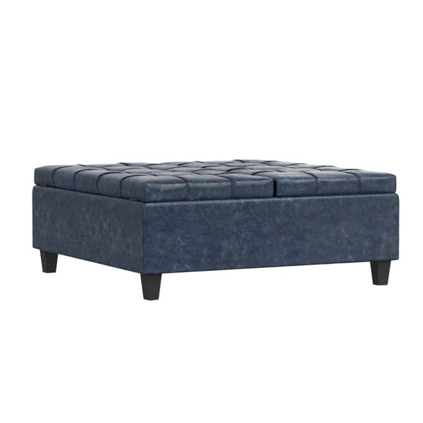 HomeRoots 40 Inch Tufted Faux Leather Storage Ottoman Stylish Denim Blue Living Room Bench 641690