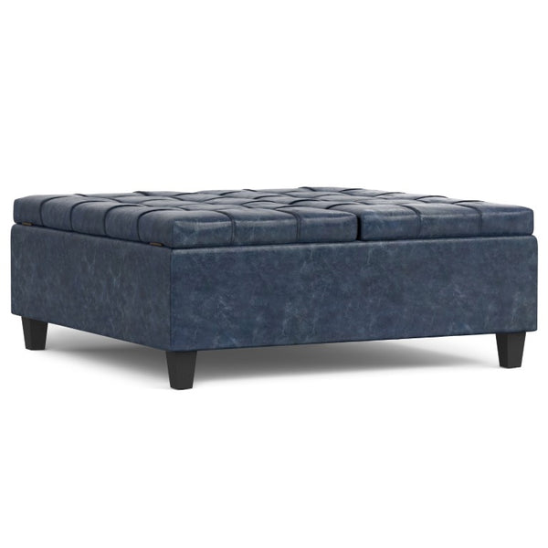 40 Inch Tufted Faux Leather Storage Ottoman Stylish Denim Blue Living Room Bench