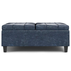 40 Inch Tufted Faux Leather Storage Ottoman Stylish Denim Blue Living Room Bench