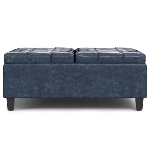 40 Inch Tufted Faux Leather Storage Ottoman Stylish Denim Blue Living Room Bench