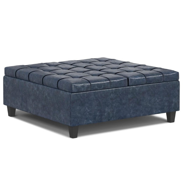 40 Inch Tufted Faux Leather Storage Ottoman Stylish Denim Blue Living Room Bench