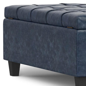 40 Inch Tufted Faux Leather Storage Ottoman Stylish Denim Blue Living Room Bench