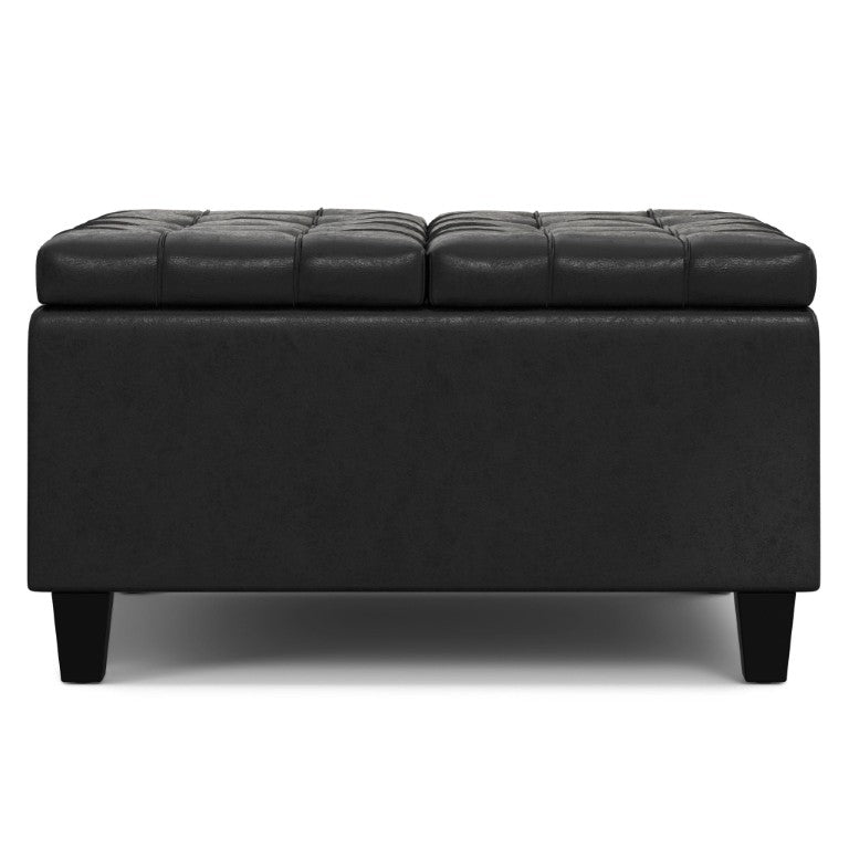 HomeRoots 30 Inch Faux Leather Tufted Round Storage Ottoman Stylish Living Room Accent Seat Black 641696