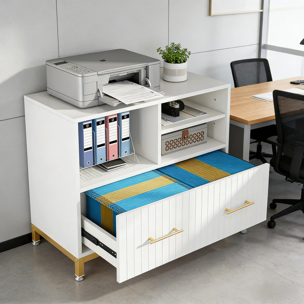 English Elm Practical Gold Frame File Cabinet with Open Shelving and Wood Tone Mdf Panels T3971P449088