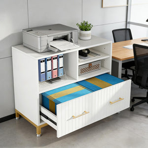 English Elm Practical Gold Frame File Cabinet with Open Shelving and Wood Tone Mdf Panels T3971P449088