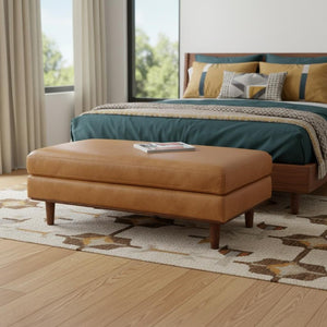49 Inch Genuine Leather Cocktail Ottoman Luxe Living Room Accent in Rich Brown