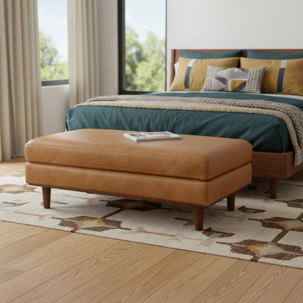 49 Inch Genuine Leather Cocktail Ottoman Luxe Living Room Accent in Rich Brown