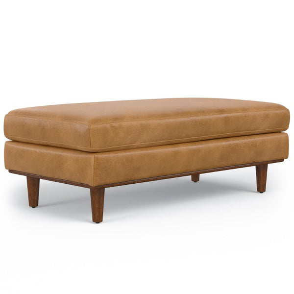 49 Inch Genuine Leather Cocktail Ottoman Luxe Living Room Accent in Rich Brown