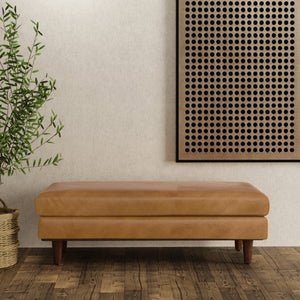 49 Inch Genuine Leather Cocktail Ottoman Luxe Living Room Accent in Rich Brown