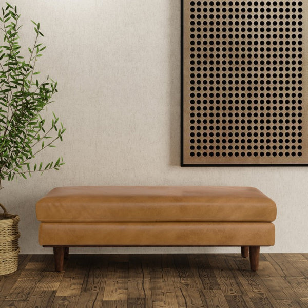 49 Inch Genuine Leather Cocktail Ottoman Luxe Living Room Accent in Rich Brown