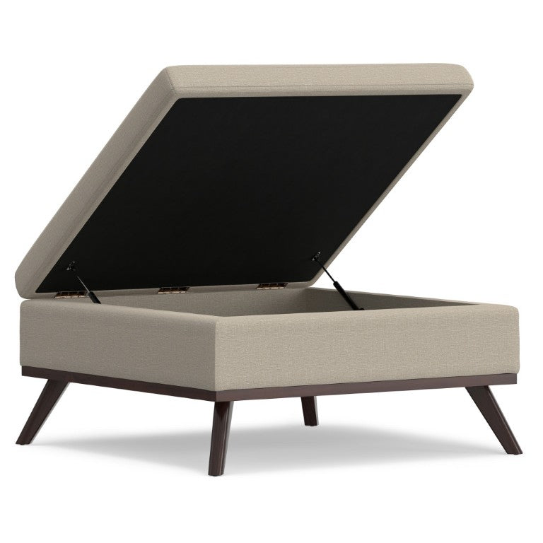 36 Inch Round Storage Ottoman Upholstered in Natural Brown for Living Room Decor