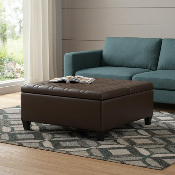 36 Inch Round Faux Leather Storage Ottoman Tufted Seat for Living Room Decor